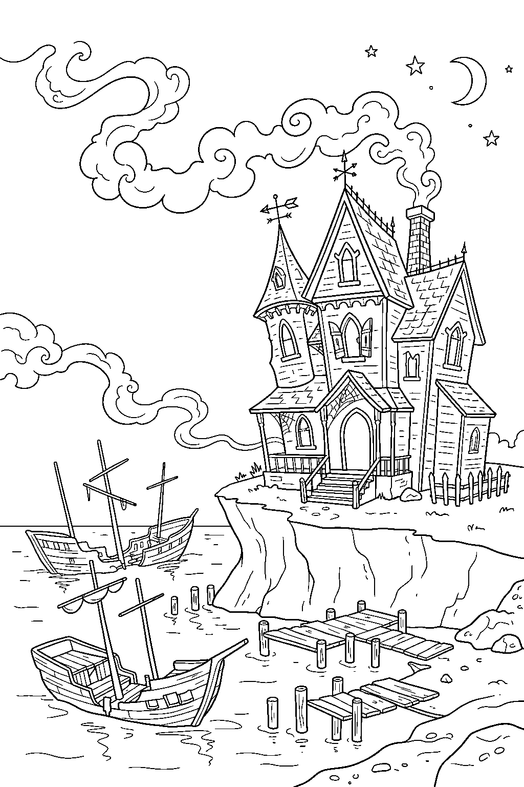 haunted house sending chimney smoke over abandoned harbor line art