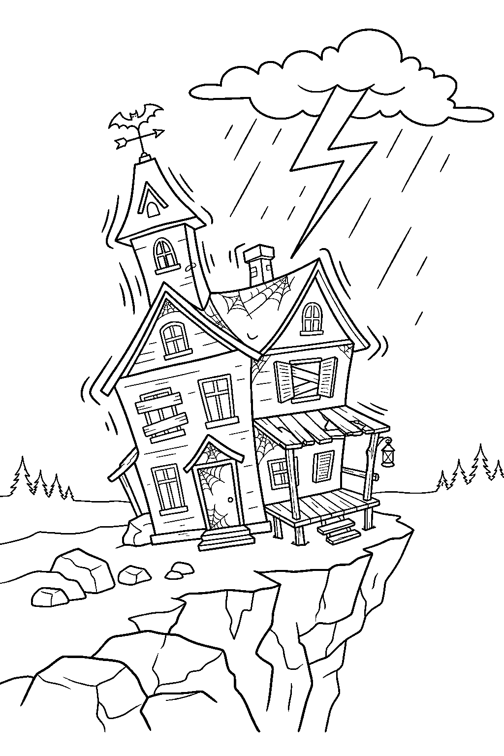 haunted house shaking during lightning storm on rocky cliff line art