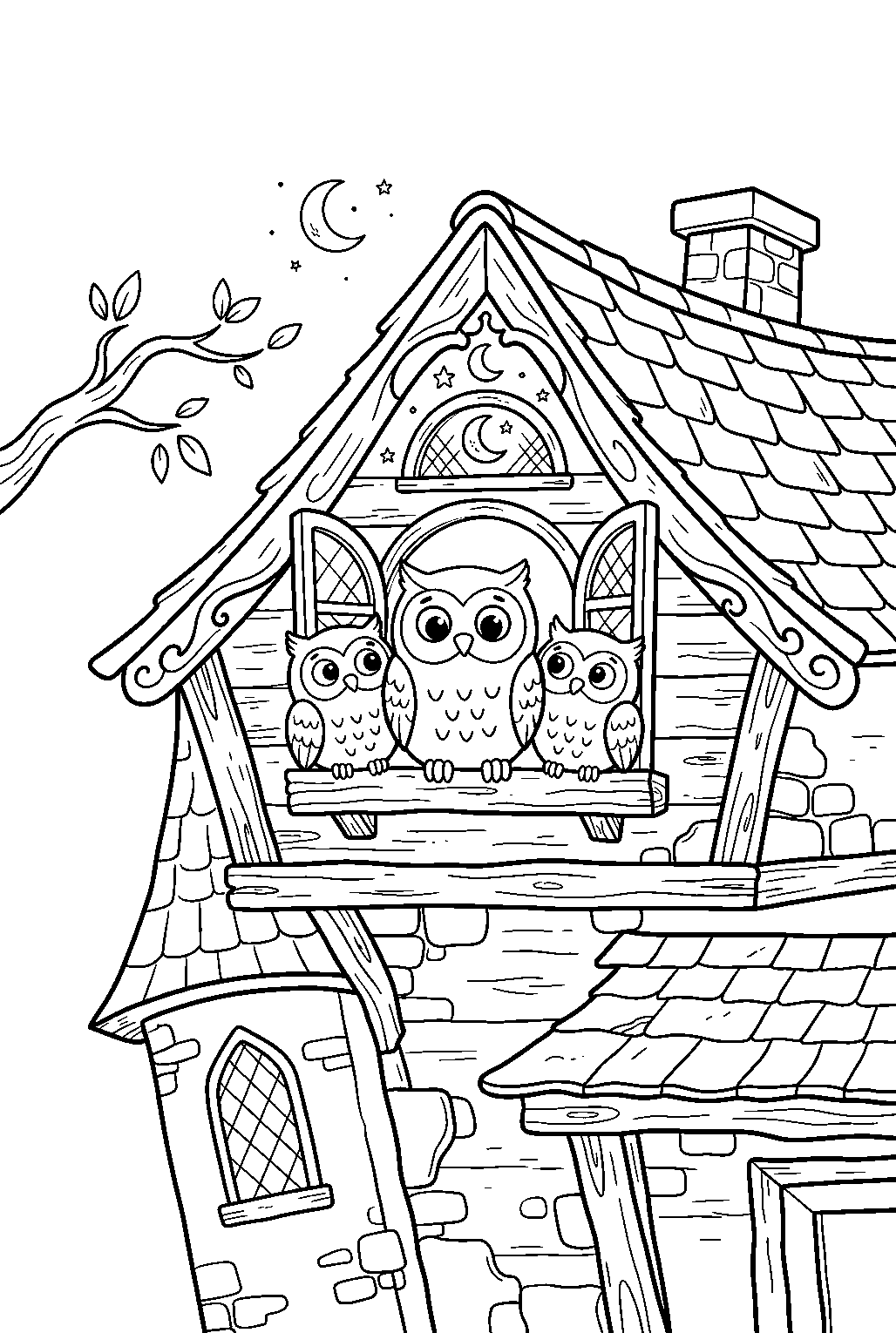 haunted house sheltering owls beneath attic eaves line art