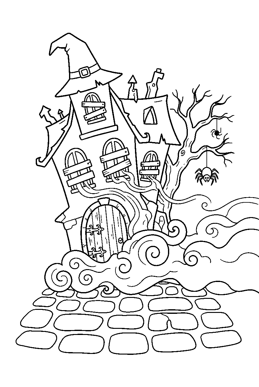 haunted house spilling fog onto cobblestone square line art