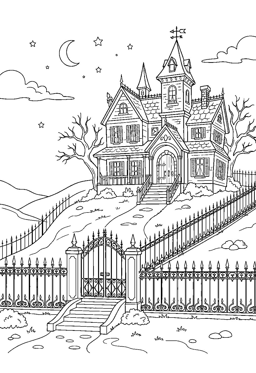 haunted house stretching iron fence across hillside line art