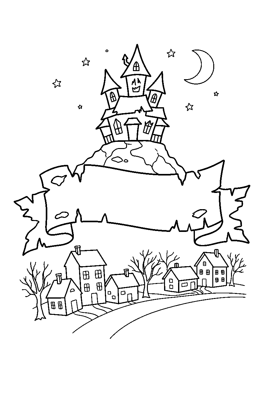 haunted house unfurling torn banner above sleeping town line art