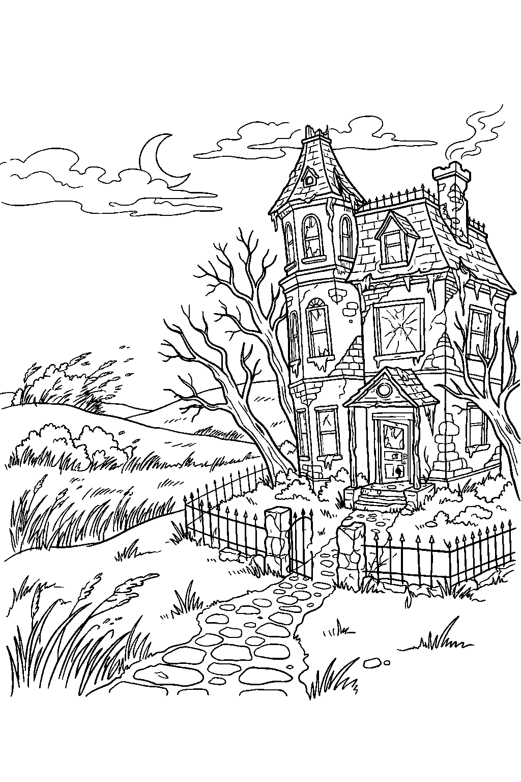 haunted mansion crumbling beside windswept moor line art