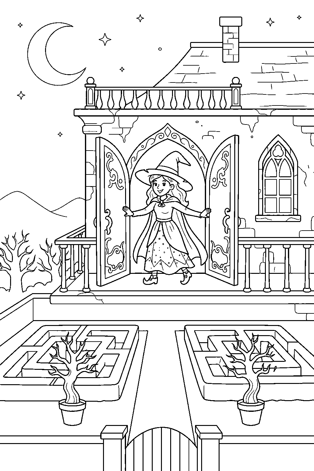 haunted mansion opening balcony doors above formal garden line art