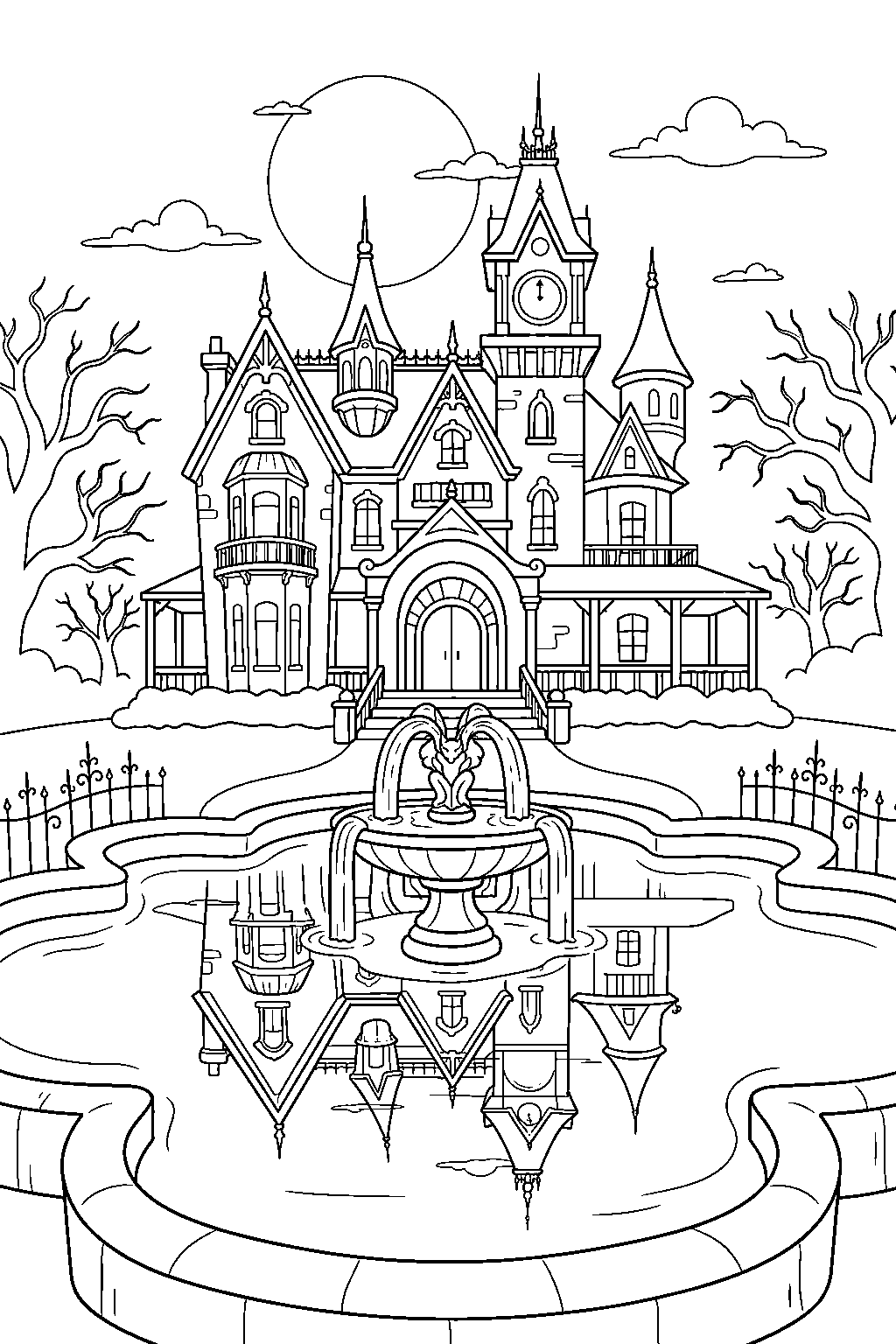 haunted mansion reflecting in fountain at dusk line art