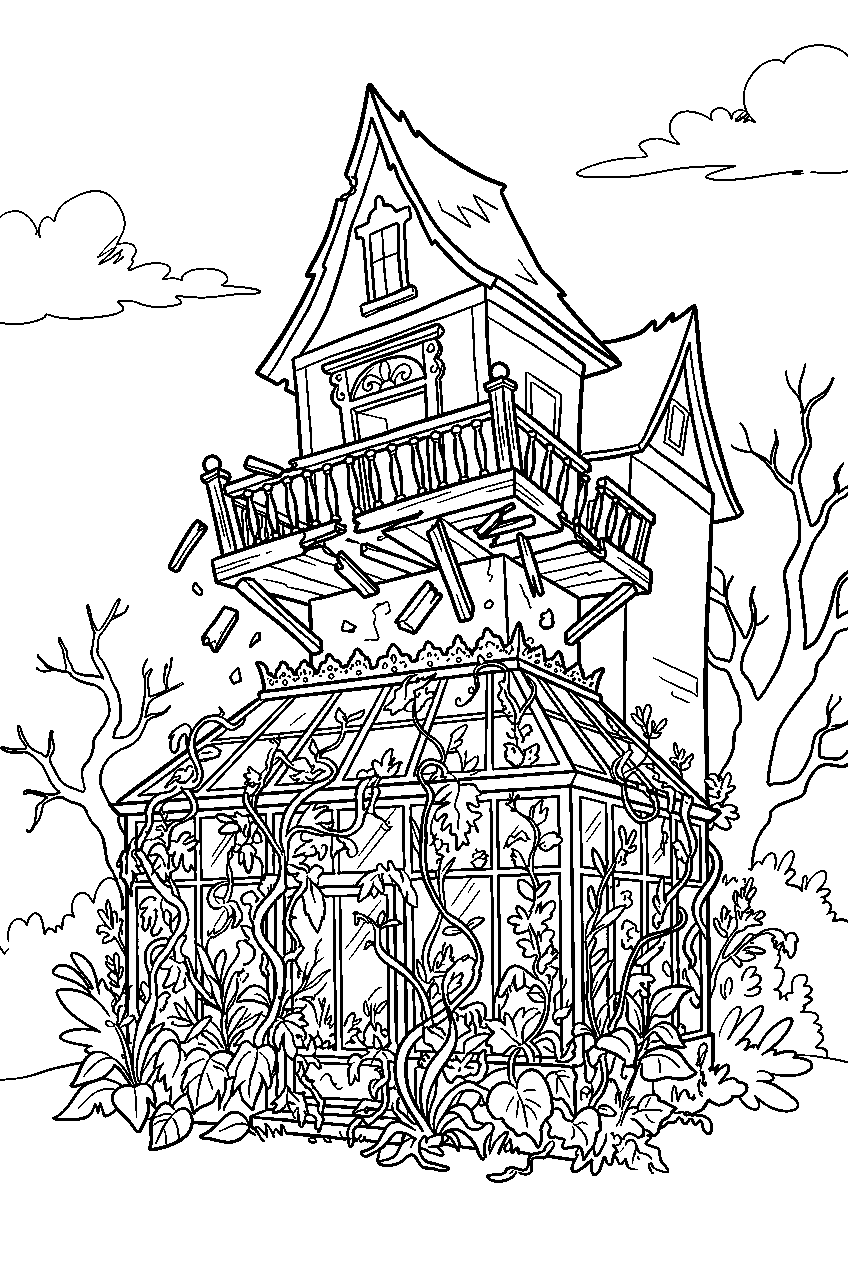 scary haunted house collapsing balcony over overgrown conservatory line art