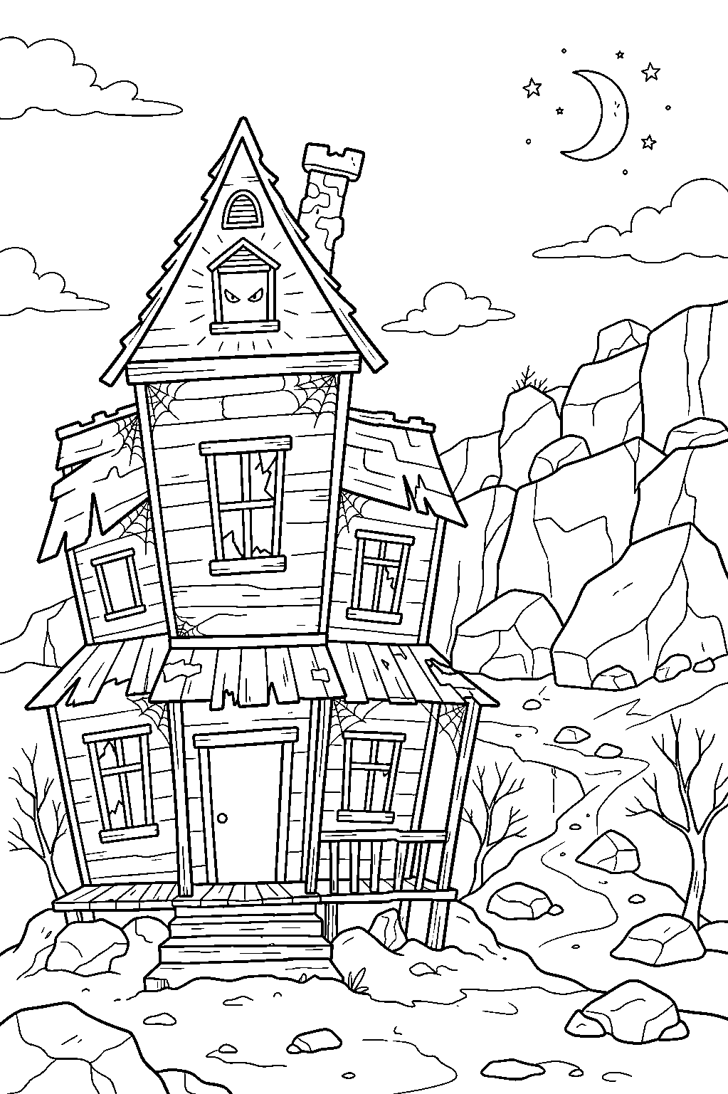 scary haunted house glowing through attic vents beside rocky quarry line art