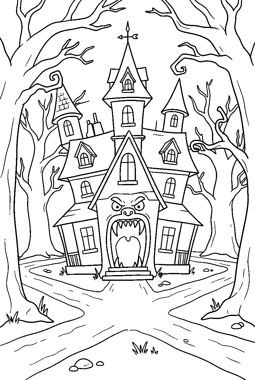 scary haunted house revealing fanged doorway at forest crossroads line art