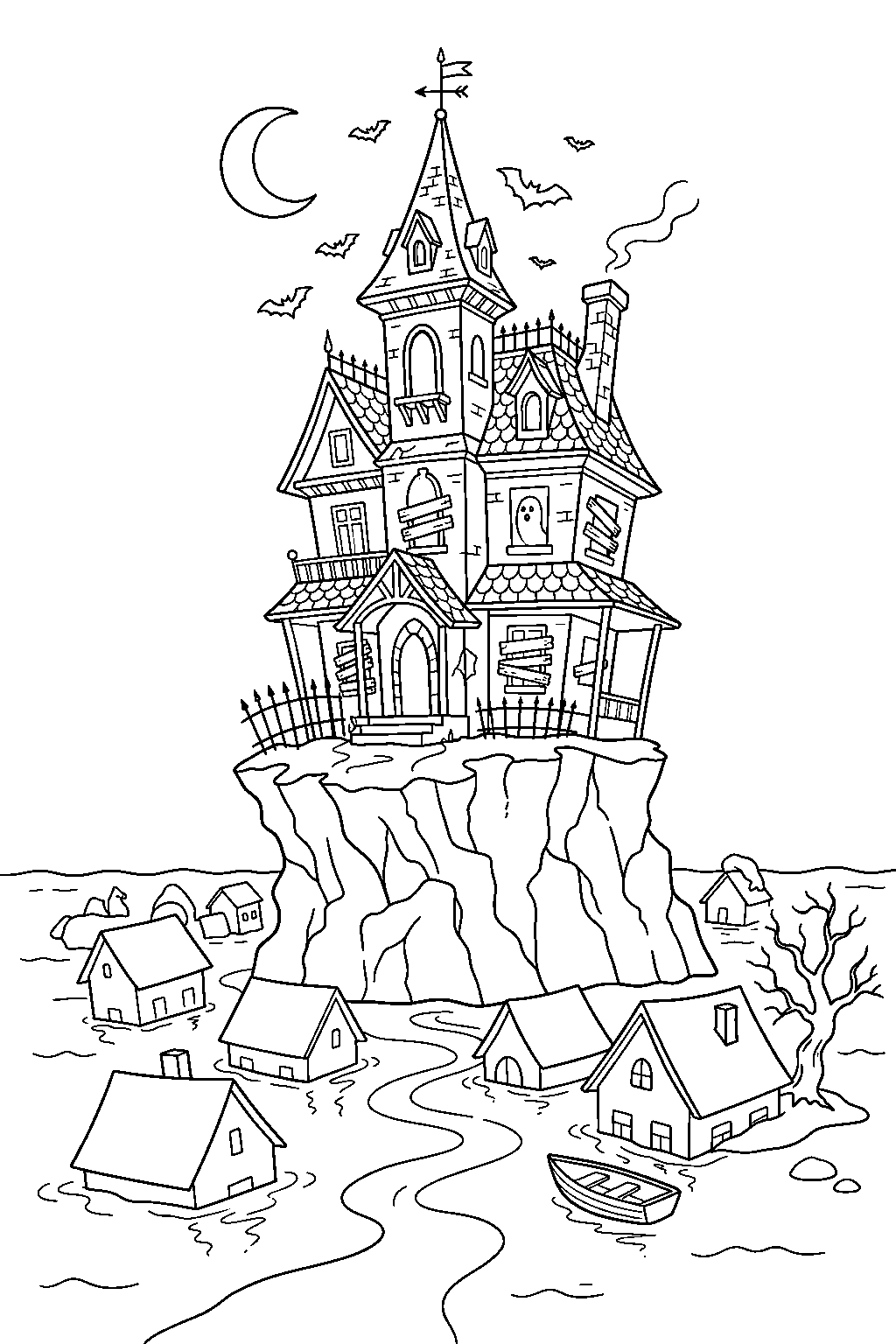 scary haunted house rising above flooded village line art