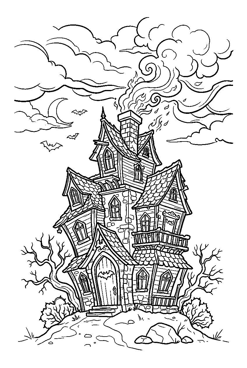 scary haunted house roaring through chimneys beneath storm clouds line art