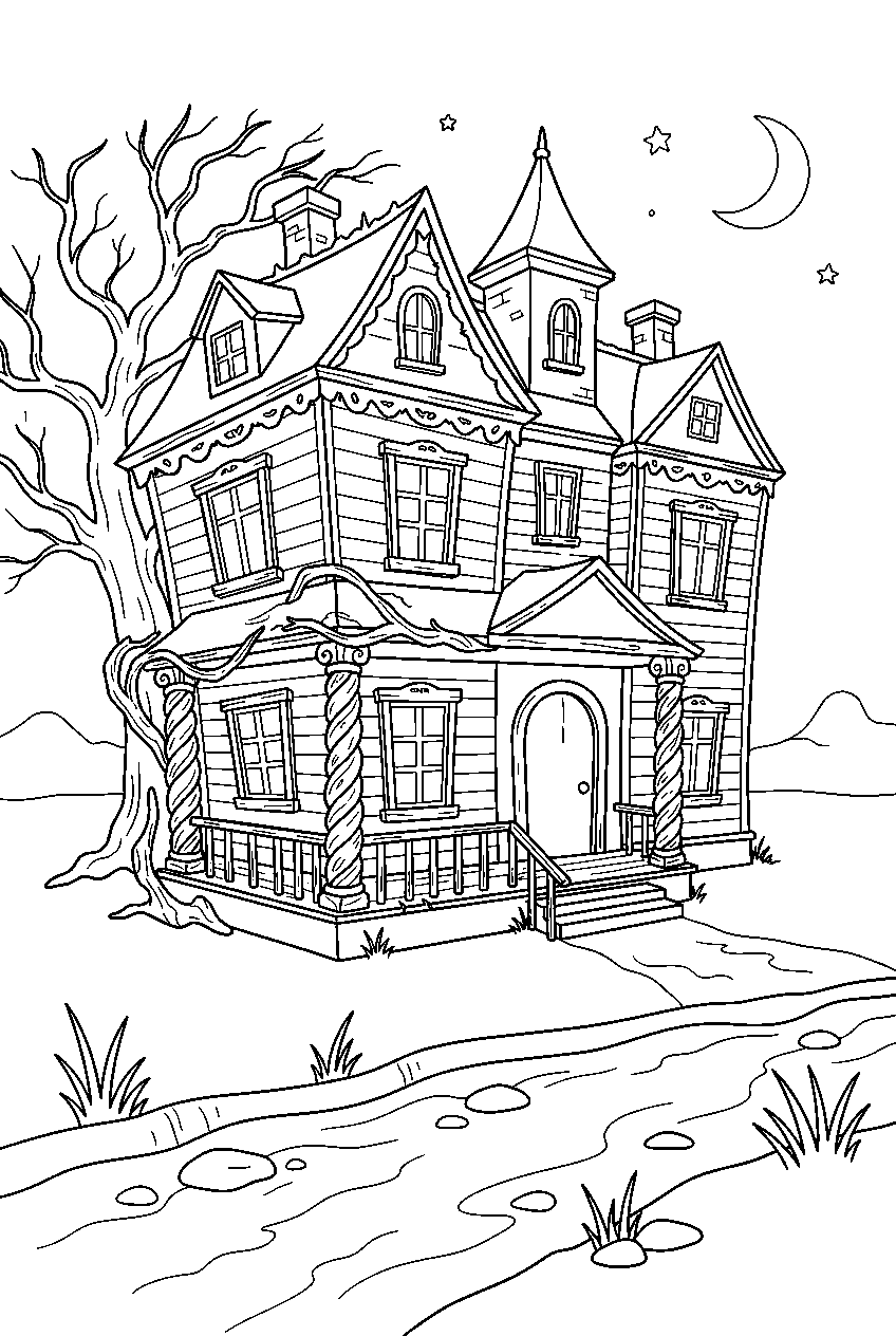 scary haunted house twisting porch columns near dry riverbed line art