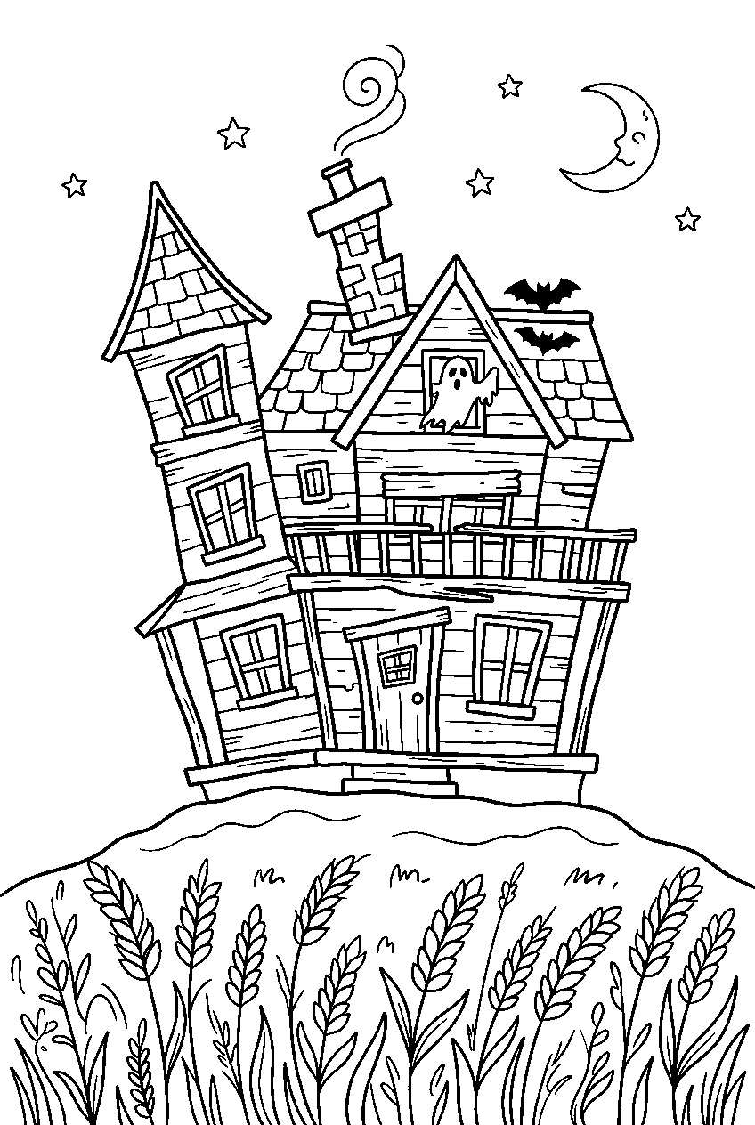 simple haunted house balancing crooked chimney above wheat field line art