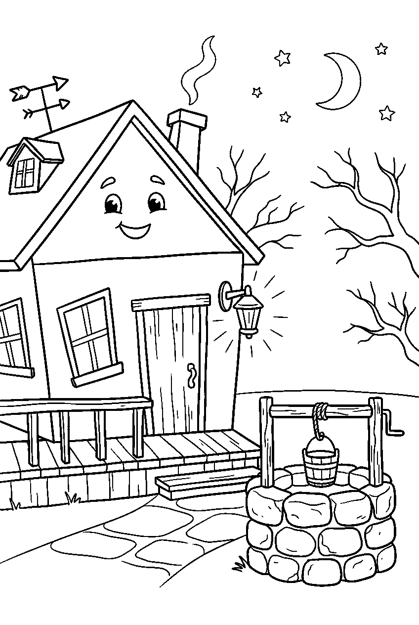 simple haunted house lighting porch lamp near stone well line art