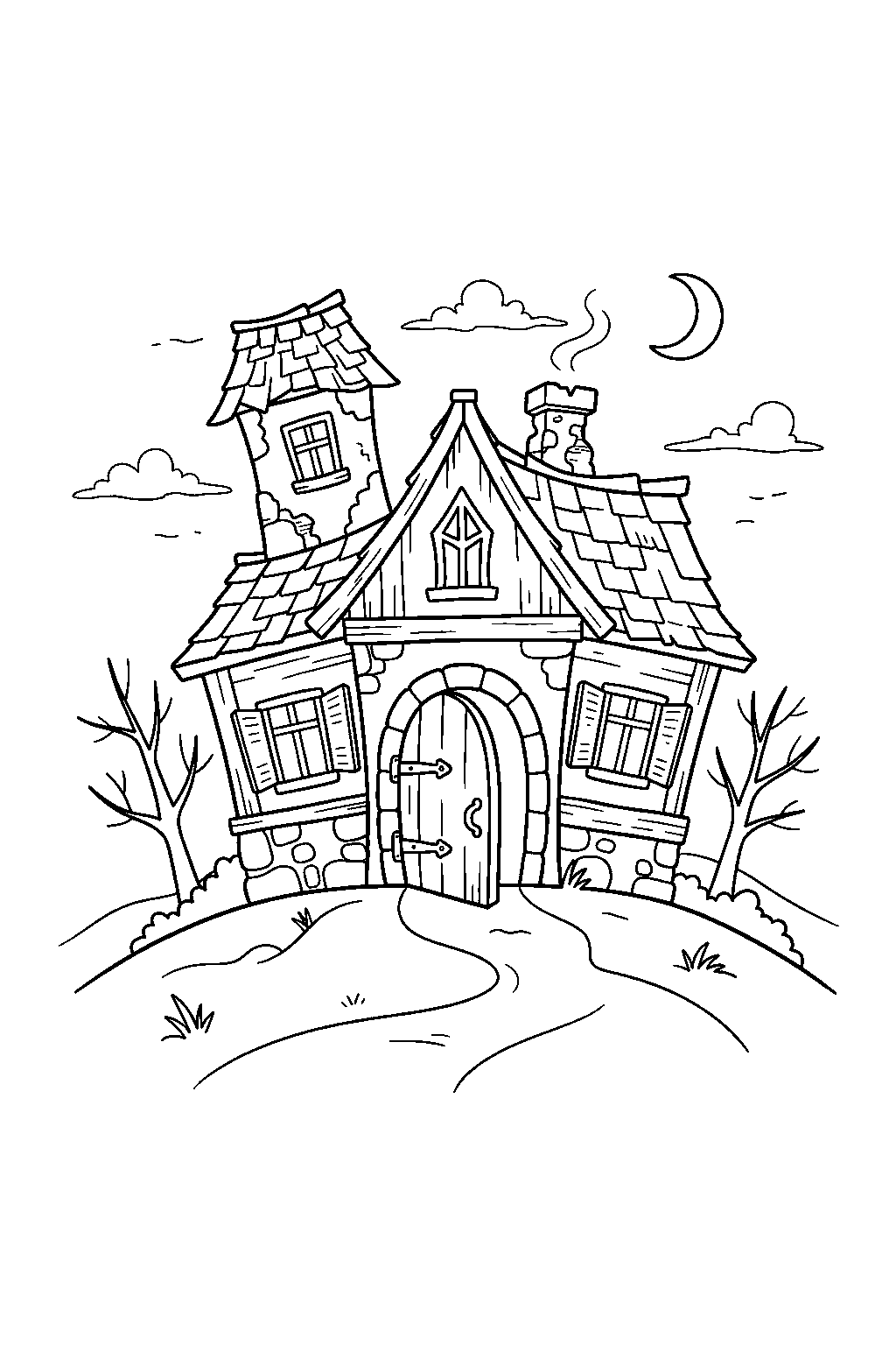 simple haunted house opening round door on quiet hillside line art