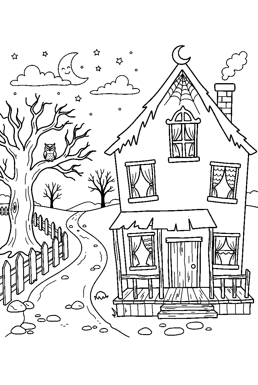 simple haunted house waving curtains beside country lane line art