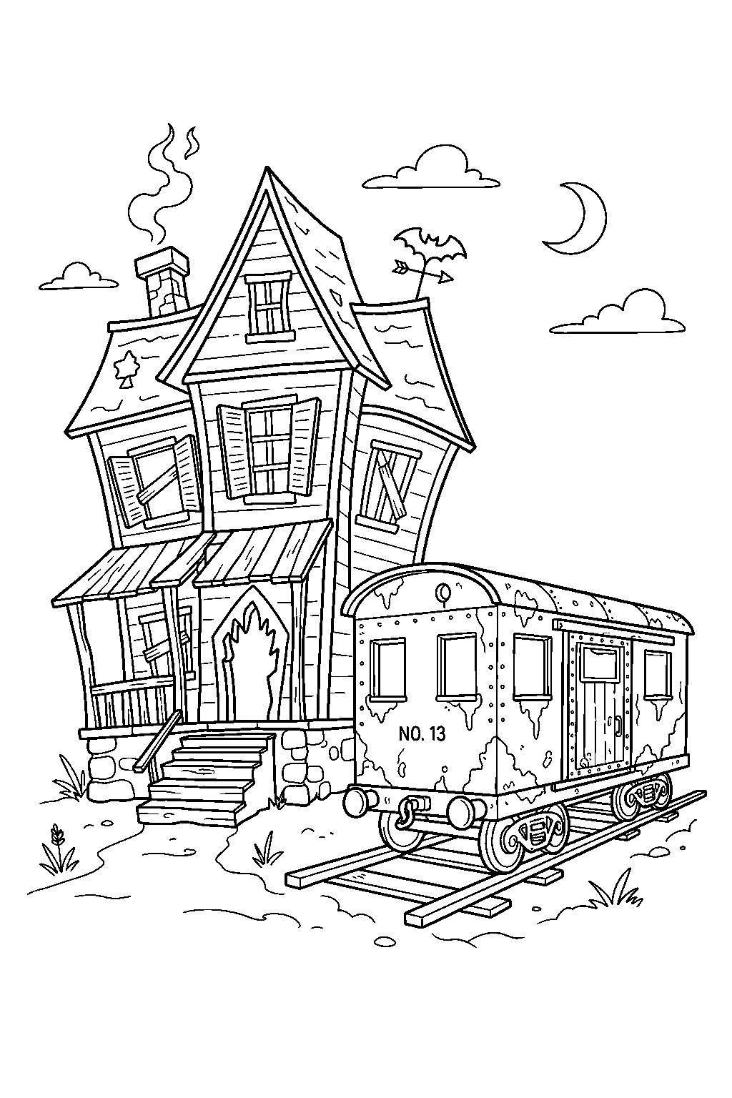spooky haunted house creaking beside rusted railcar line art