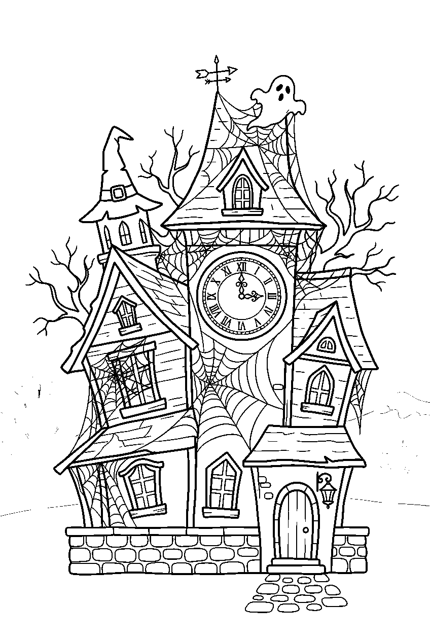 spooky haunted house gathering spiderwebs around village clock line art