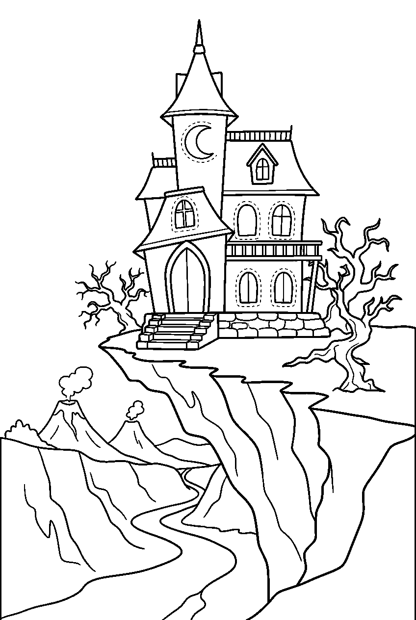 spooky haunted house glowing above volcanic valley line art