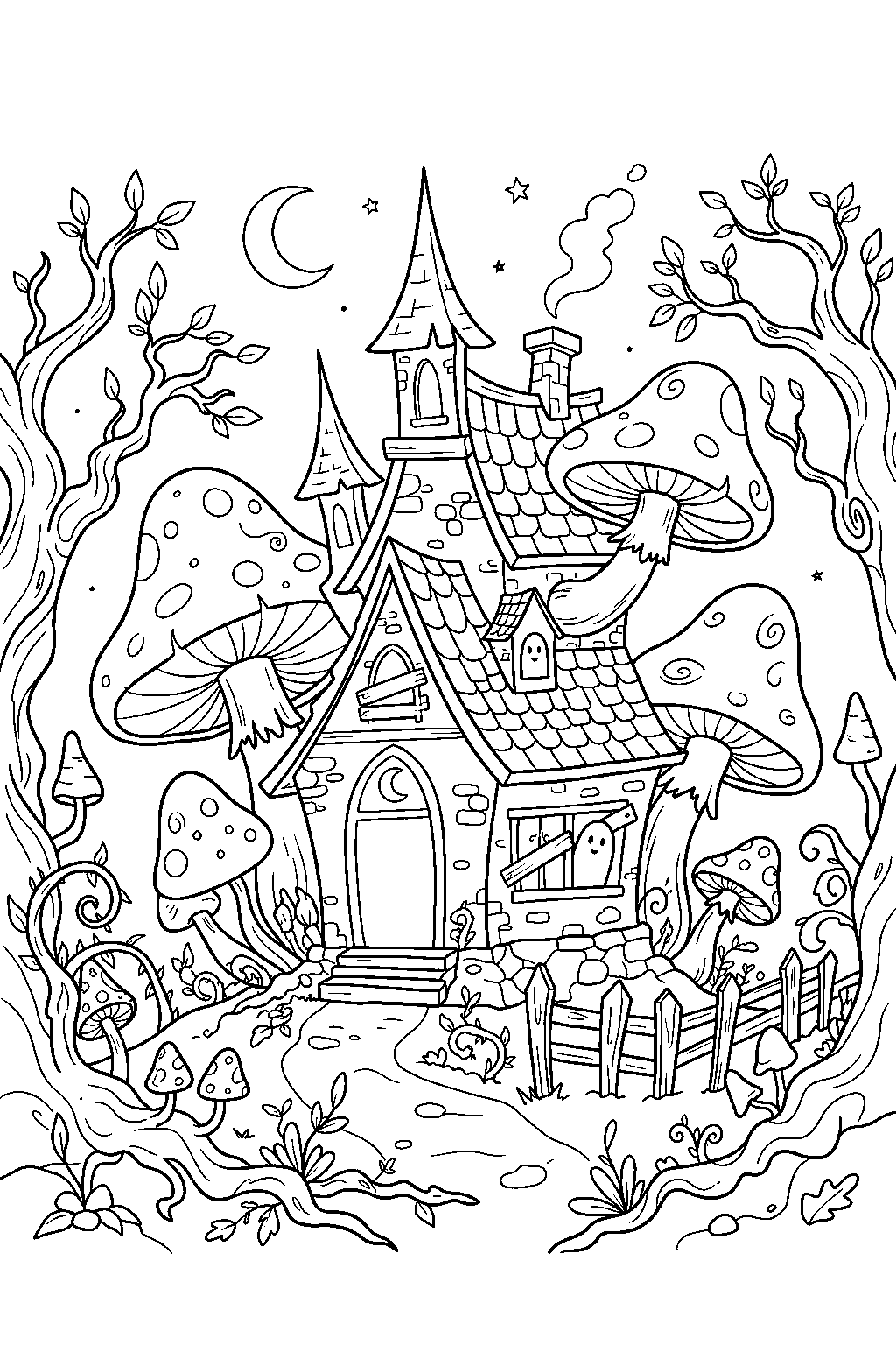 spooky haunted house growing giant mushrooms in enchanted woods line art