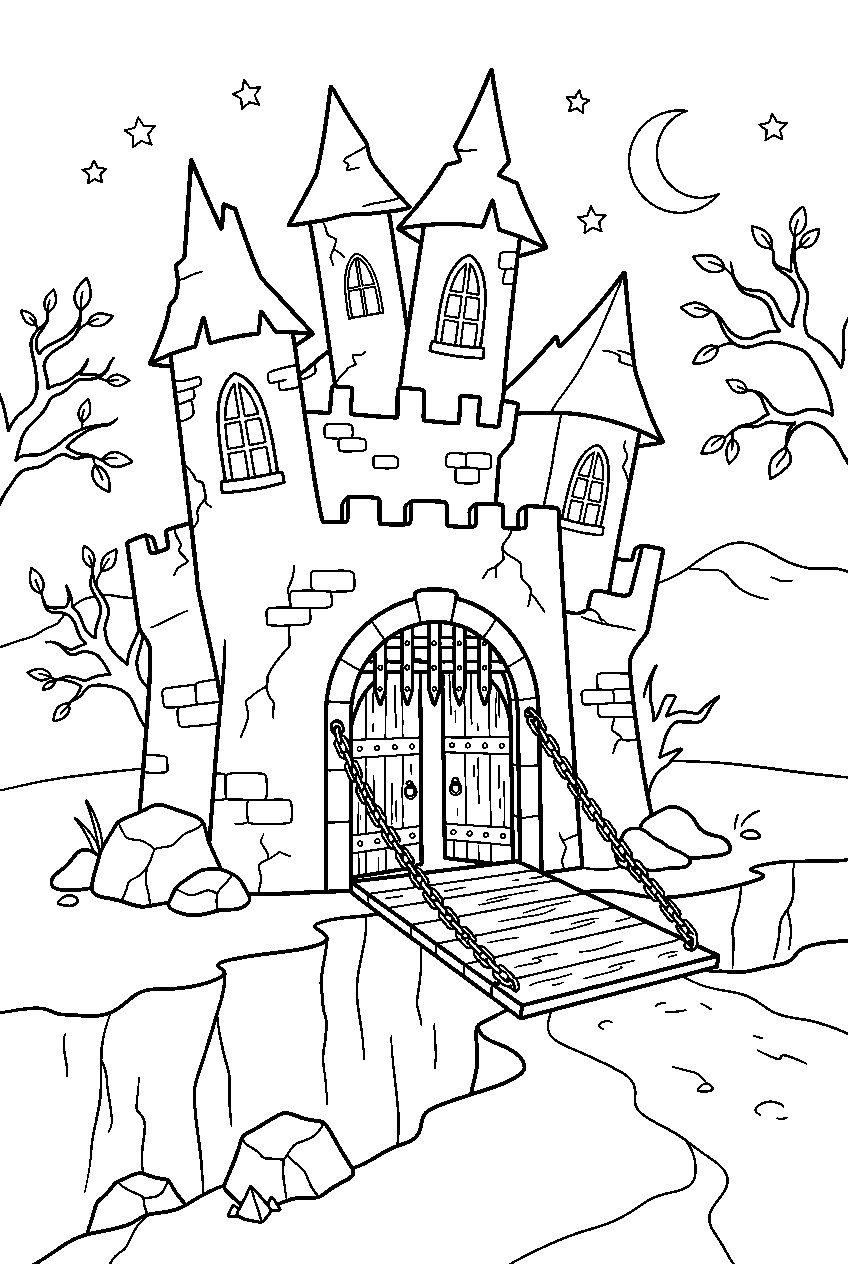 spooky haunted house opening drawbridge over narrow ravine line art