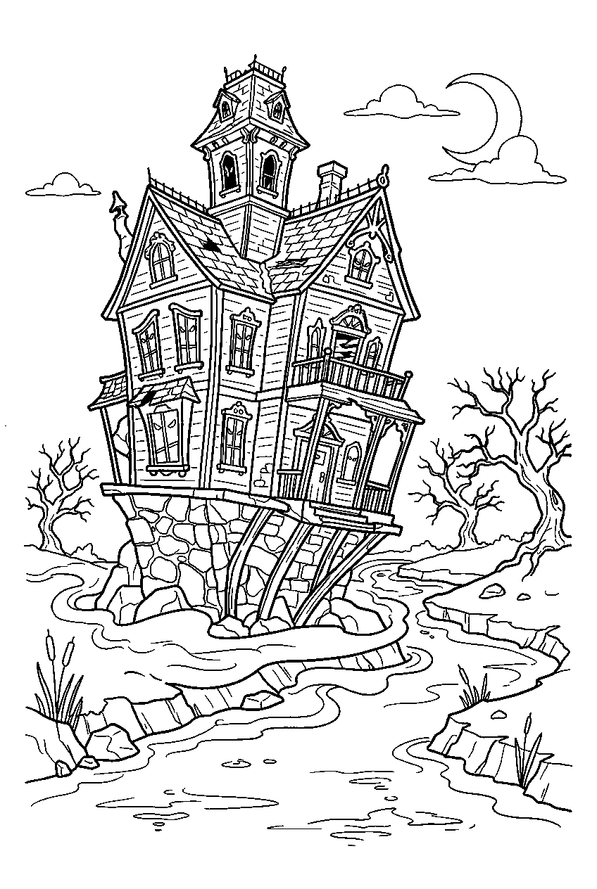 spooky haunted house tilting above misty canal line art
