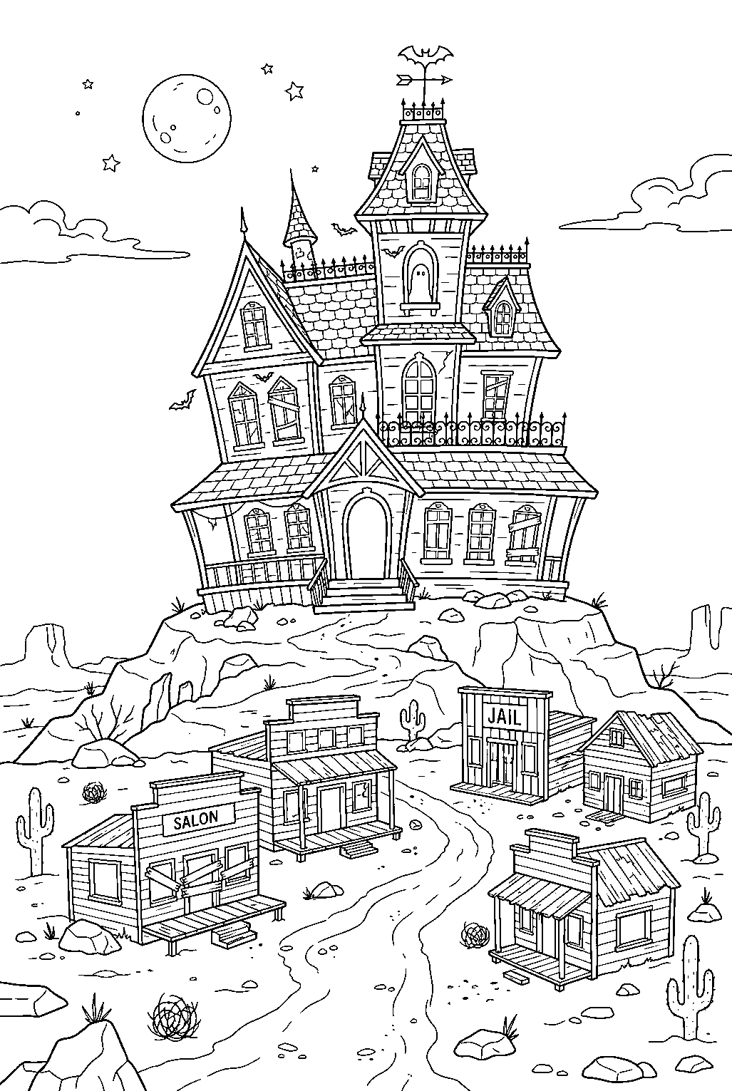 spooky haunted house towering above desert ghost town line art