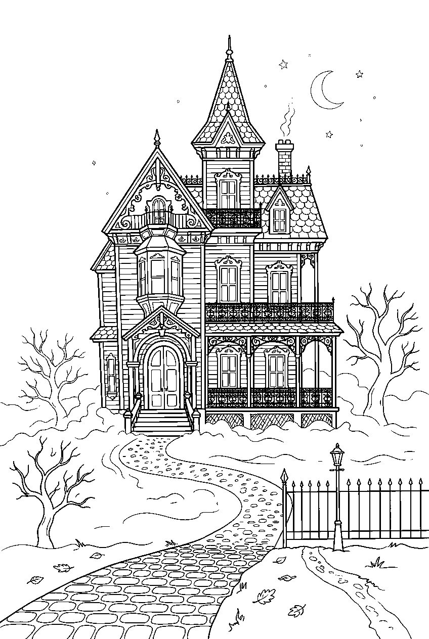 victorian haunted house displaying ornate balconies above misty avenue line art