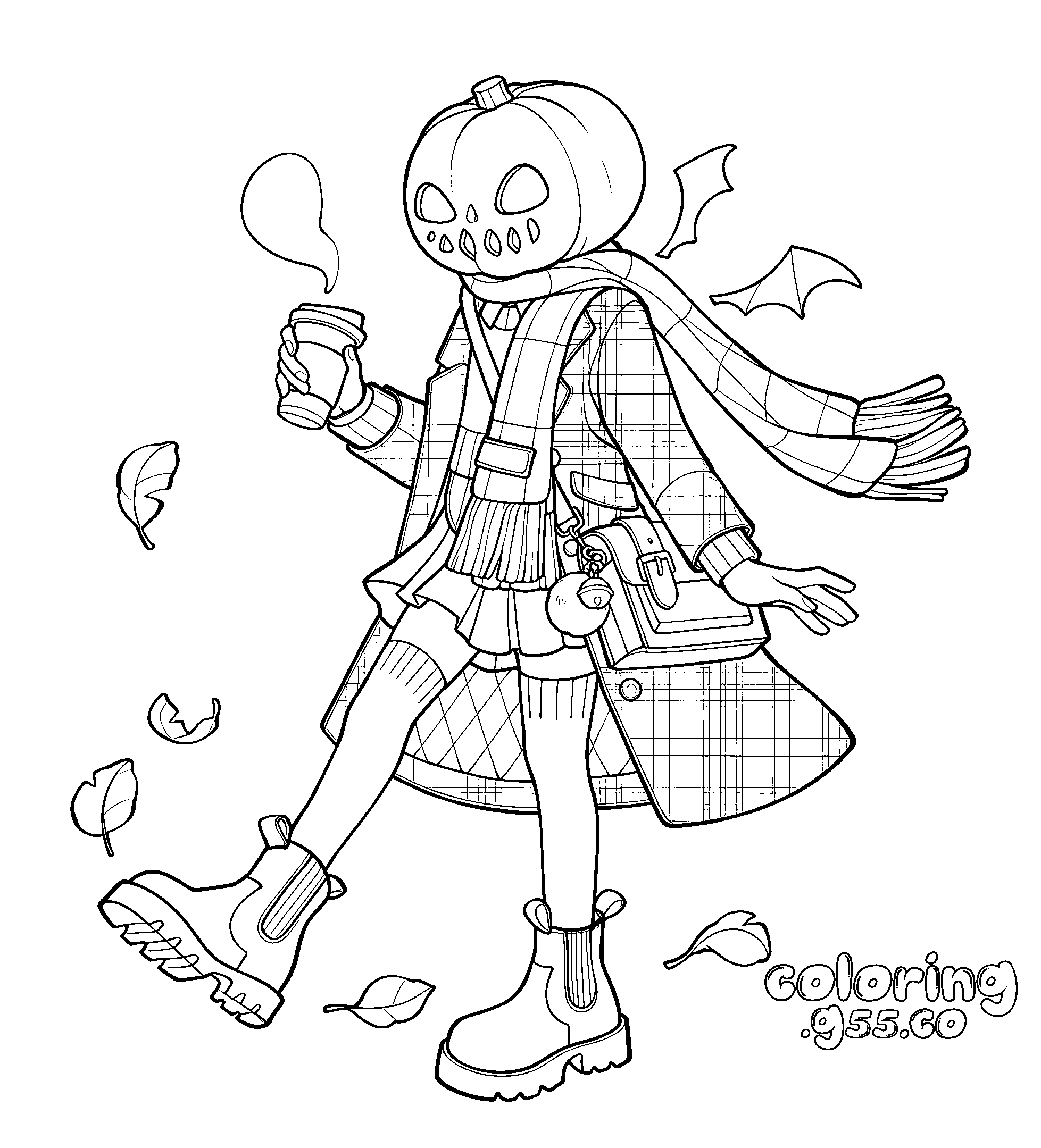aesthetic pumpkin head girl fashion line art for kids