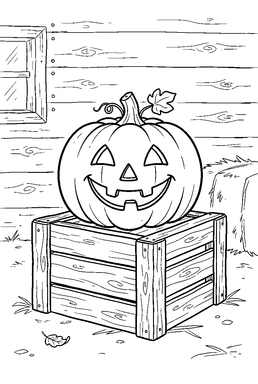 carved pumpkin resting on wooden crate in farm shed line art
