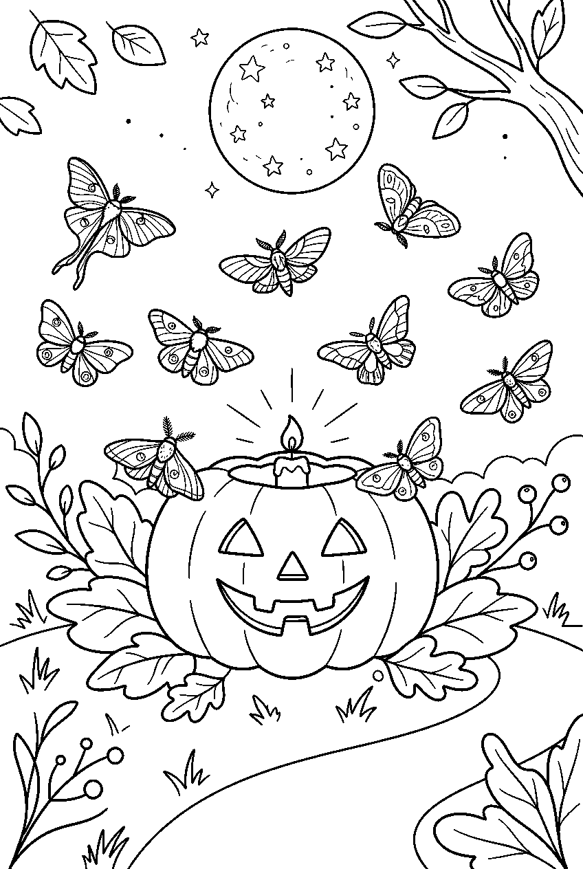 carved pumpkin surrounded by moths in moonlit garden line art