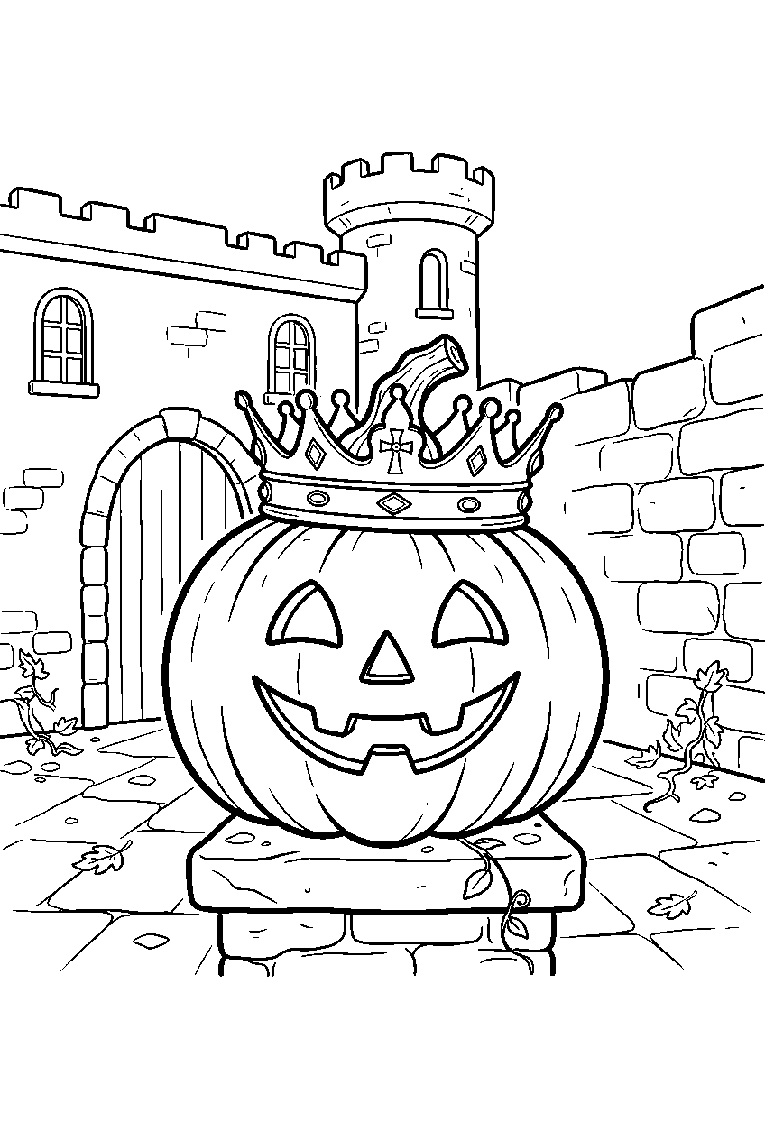 carved pumpkin wearing crown in castle courtyard line art
