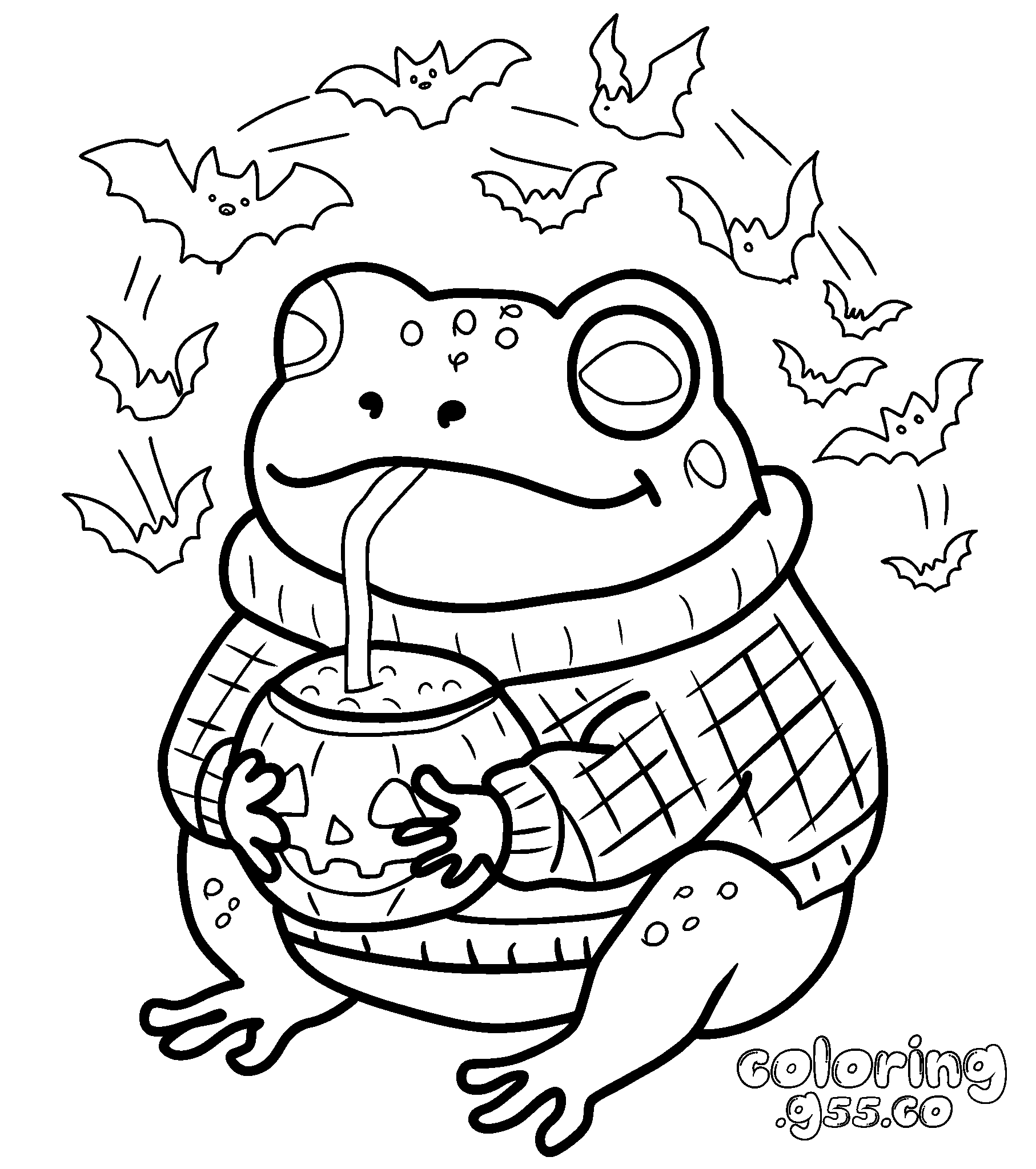 cozy frog with pumpkin drink line art