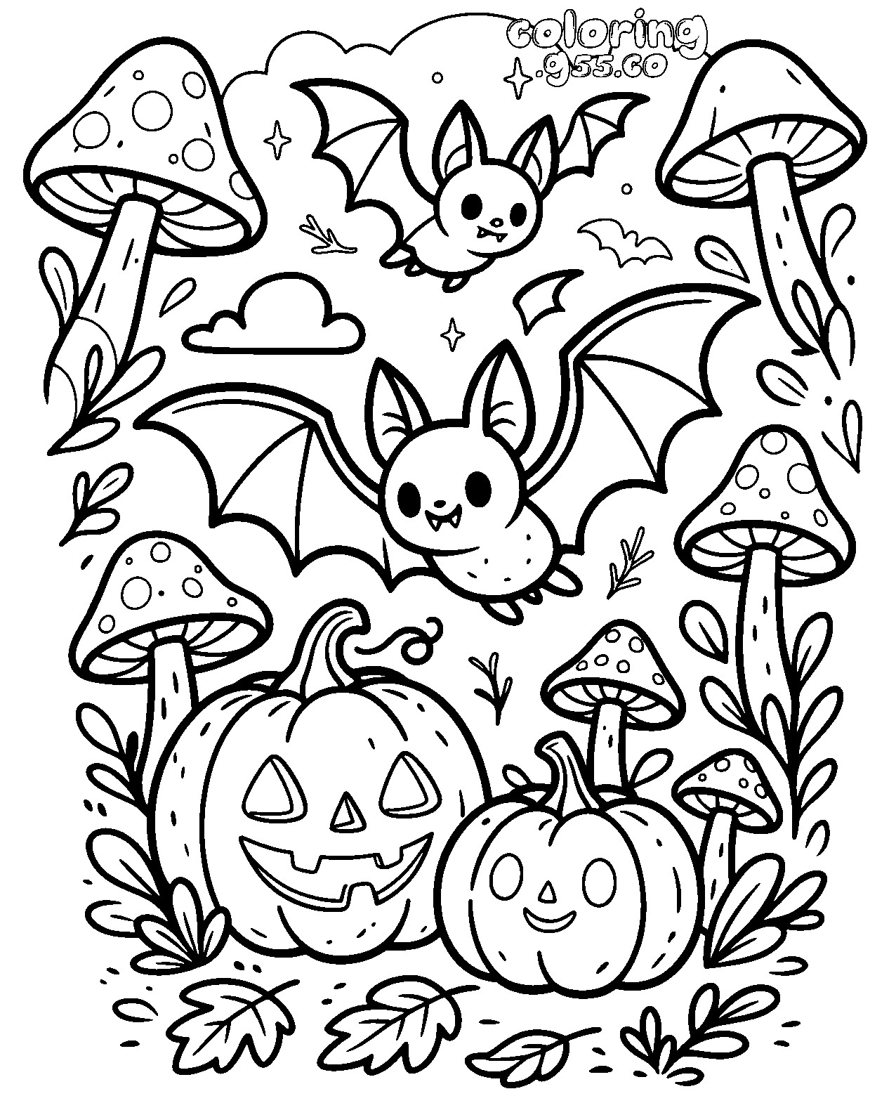 cute halloween bats and pumpkins line art