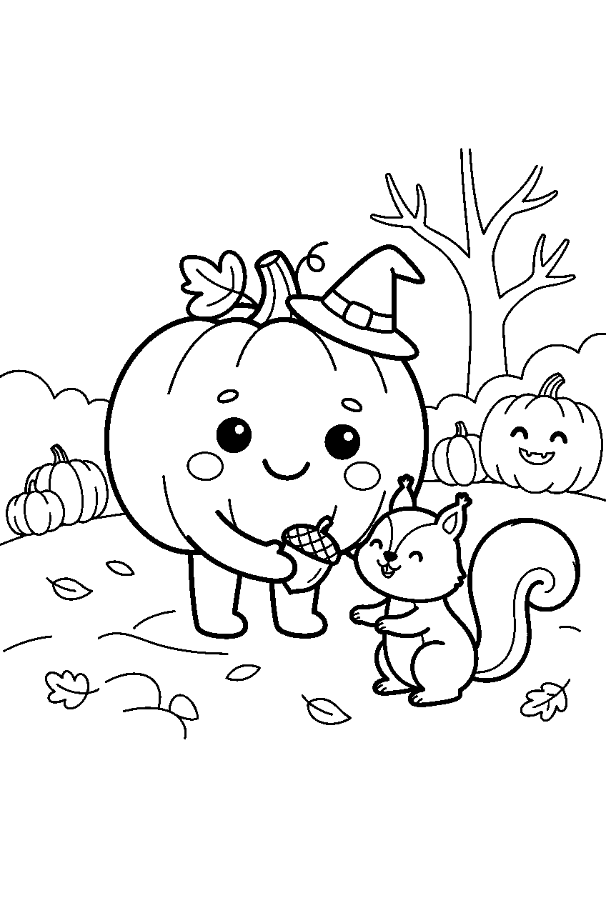 cute halloween pumpkin feeding squirrel in autumn garden line art
