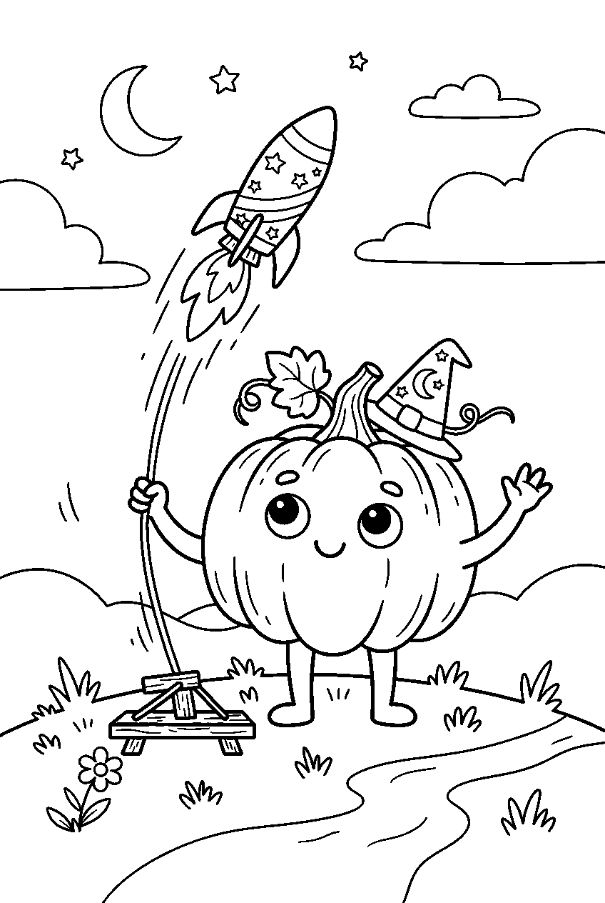 cute halloween pumpkin launching toy rocket from meadow line art