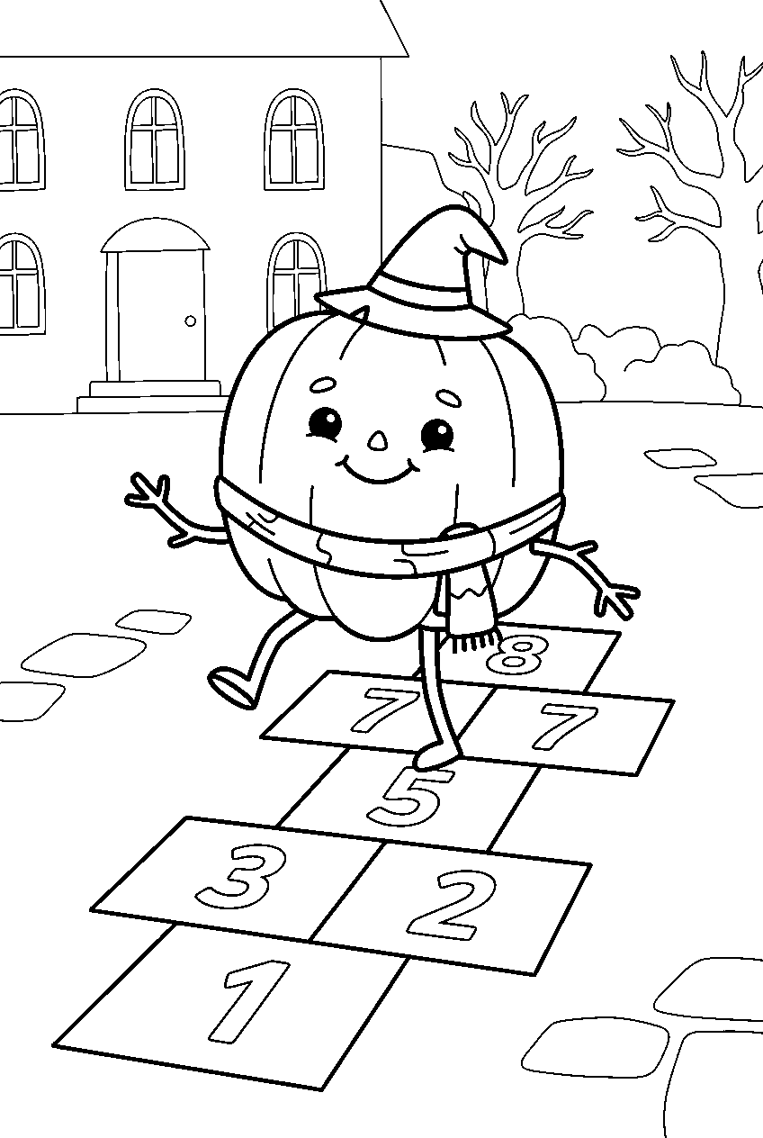 cute halloween pumpkin playing hopscotch in school courtyard line art
