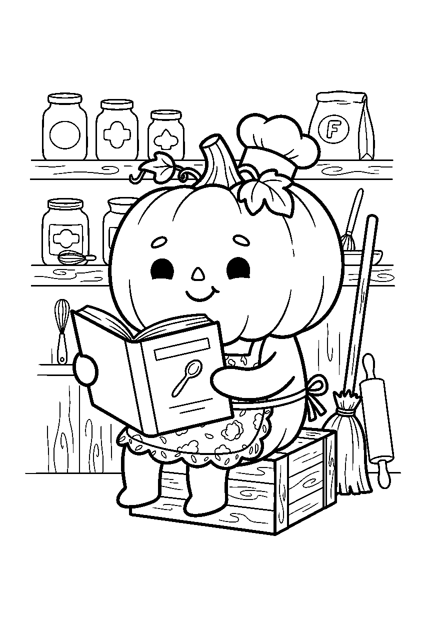 cute halloween pumpkin reading recipe in bakery pantry line art