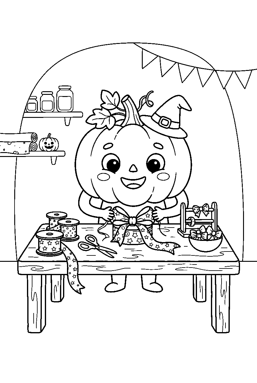 cute halloween pumpkin tying ribbons in party workshop line art