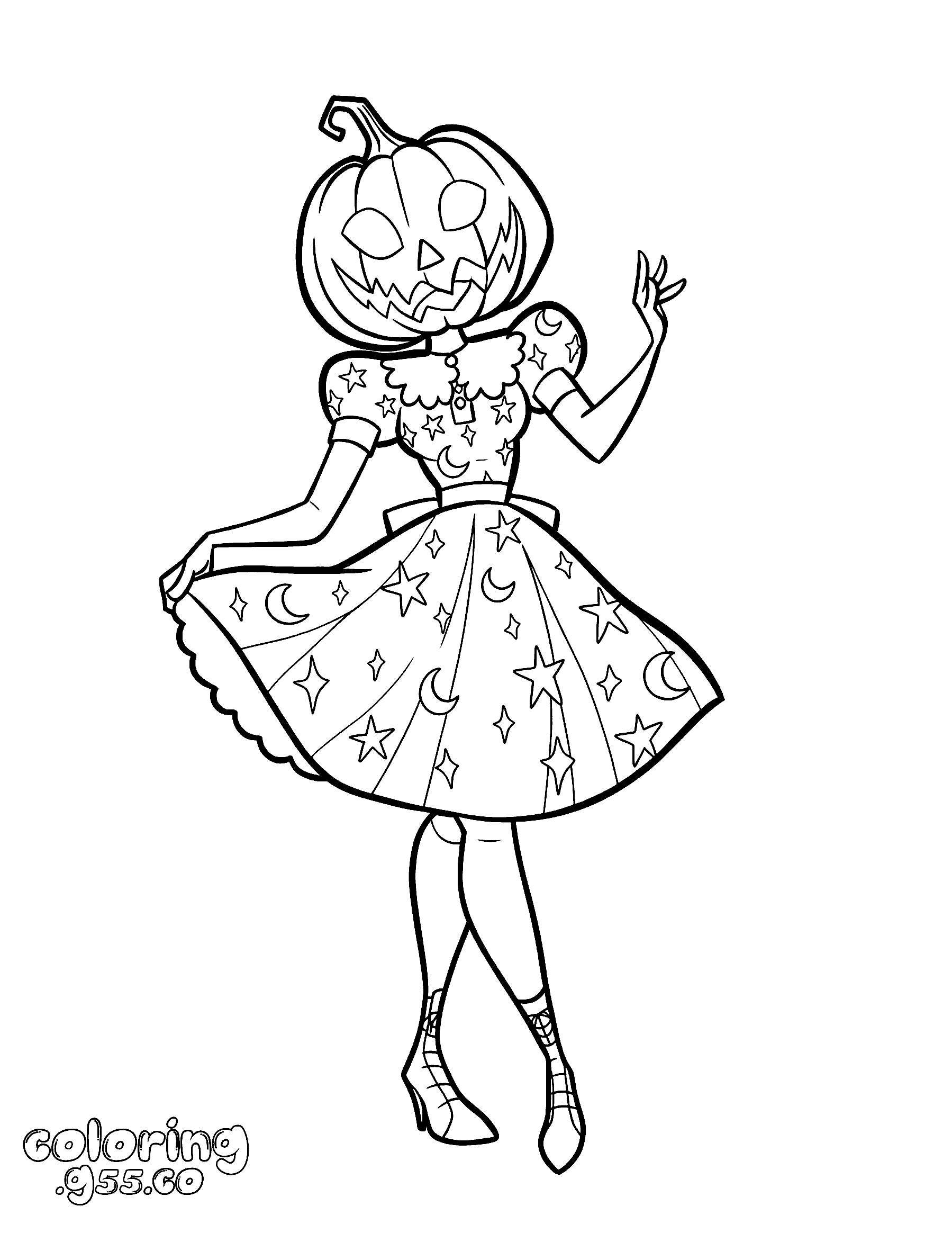 cute pumpkin head fashion girl dress line art for kids