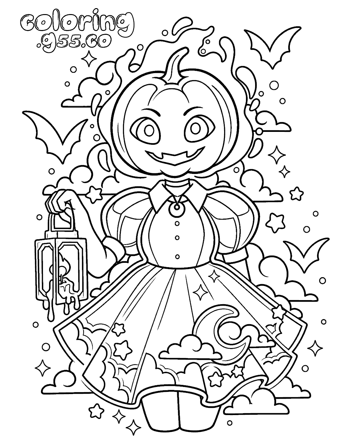 cute pumpkin head girl lantern line art for kids