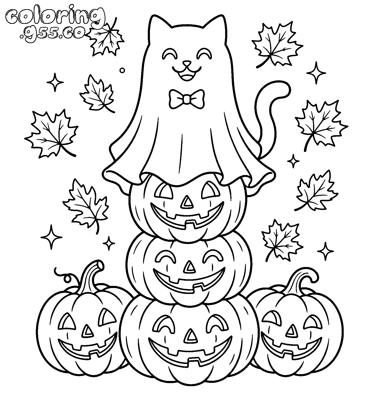 ghost cat on jack o lanterns line art