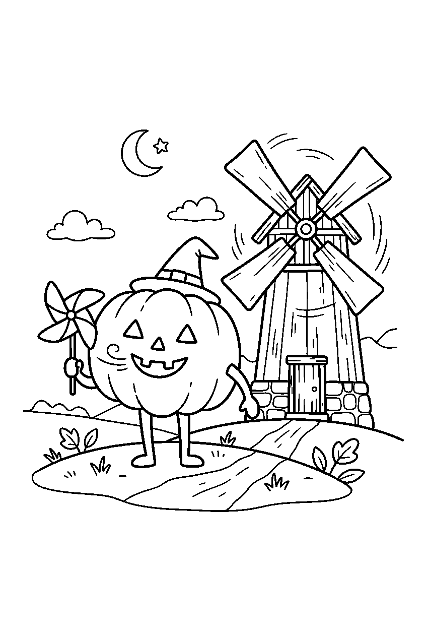 halloween pumpkin blowing pinwheel beside old windmill line art