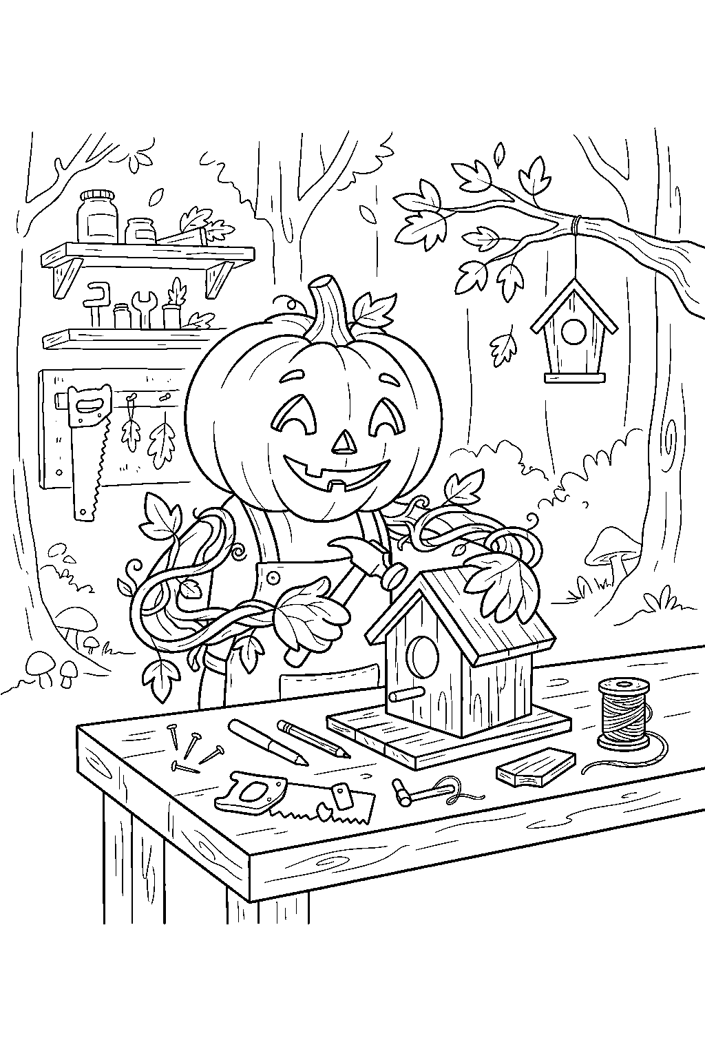 halloween pumpkin building birdhouse in woodland workshop line art