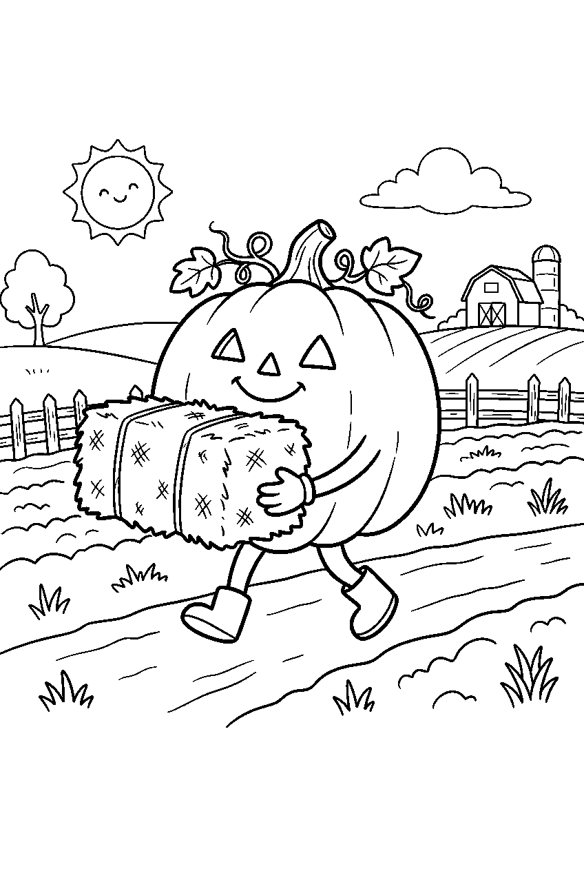 halloween pumpkin carrying hay bale across farm field line art