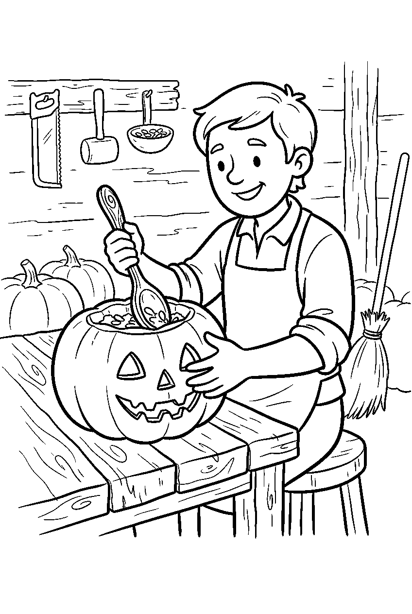 halloween pumpkin carving wooden spoon in rustic workshop line art