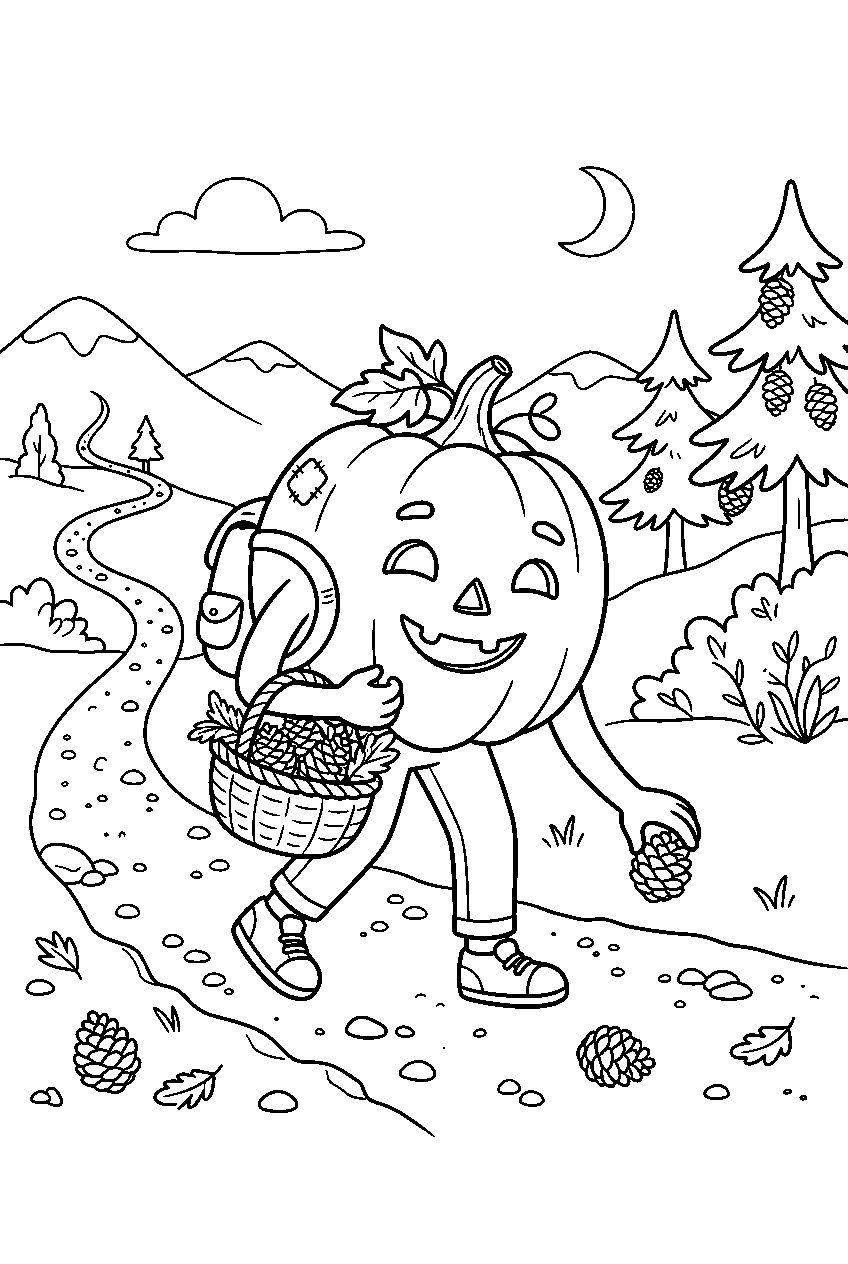 halloween pumpkin collecting pinecones along mountain trail line art
