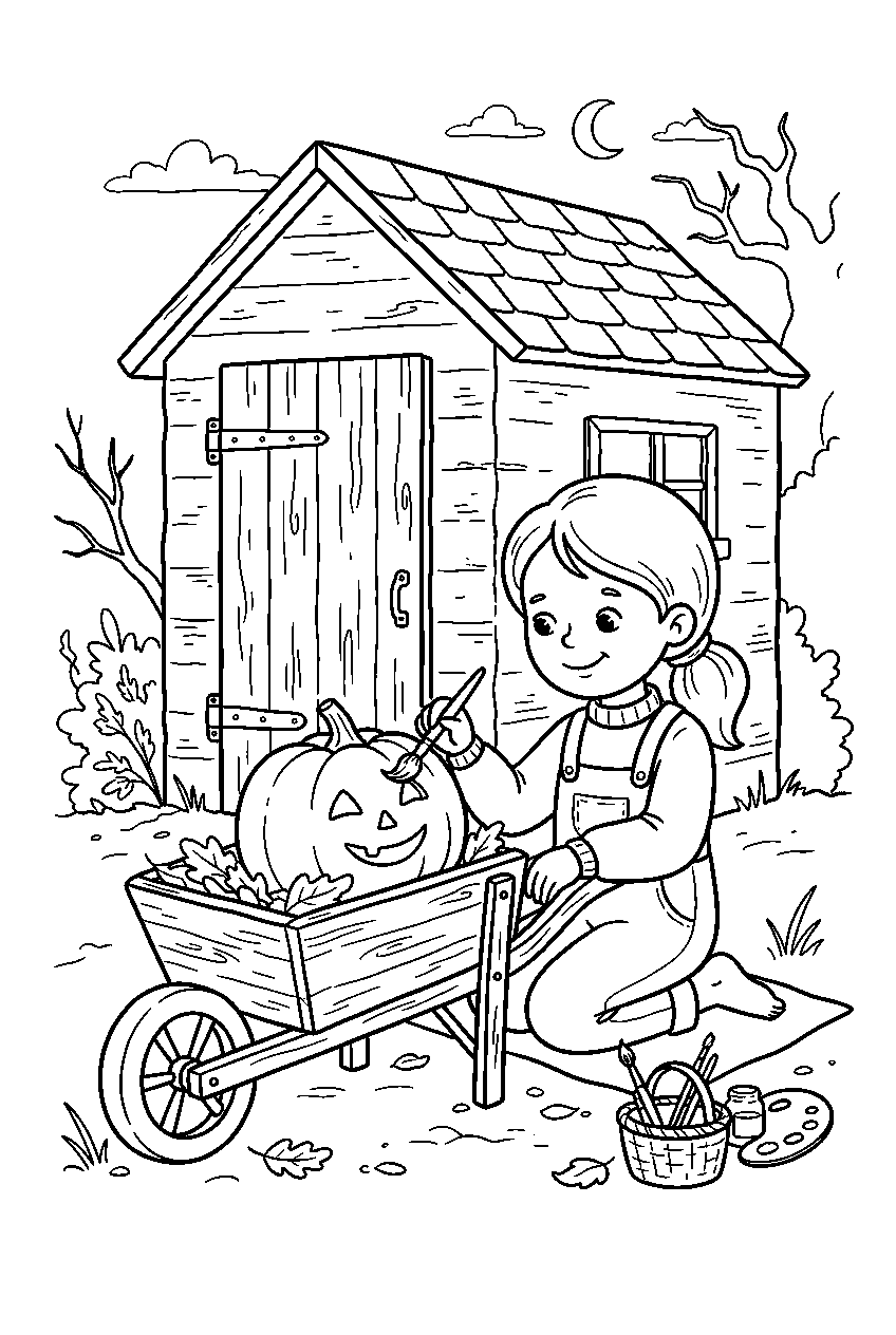 halloween pumpkin decorating wheelbarrow beside garden shed line art