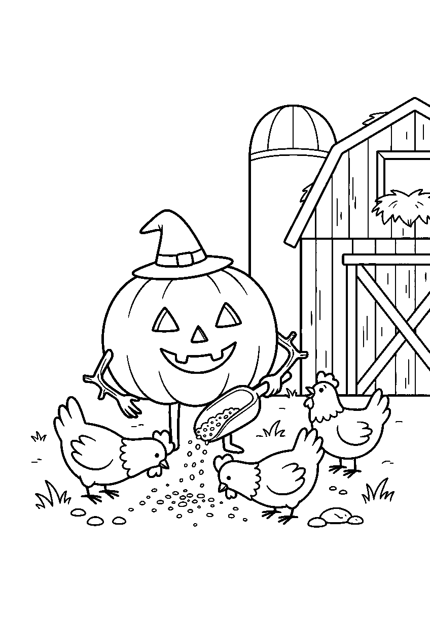 halloween pumpkin feeding chickens beside red barn line art