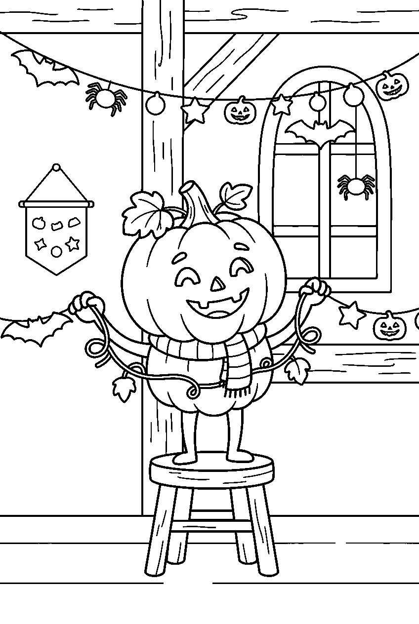 halloween pumpkin hanging paper garlands in town hall line art