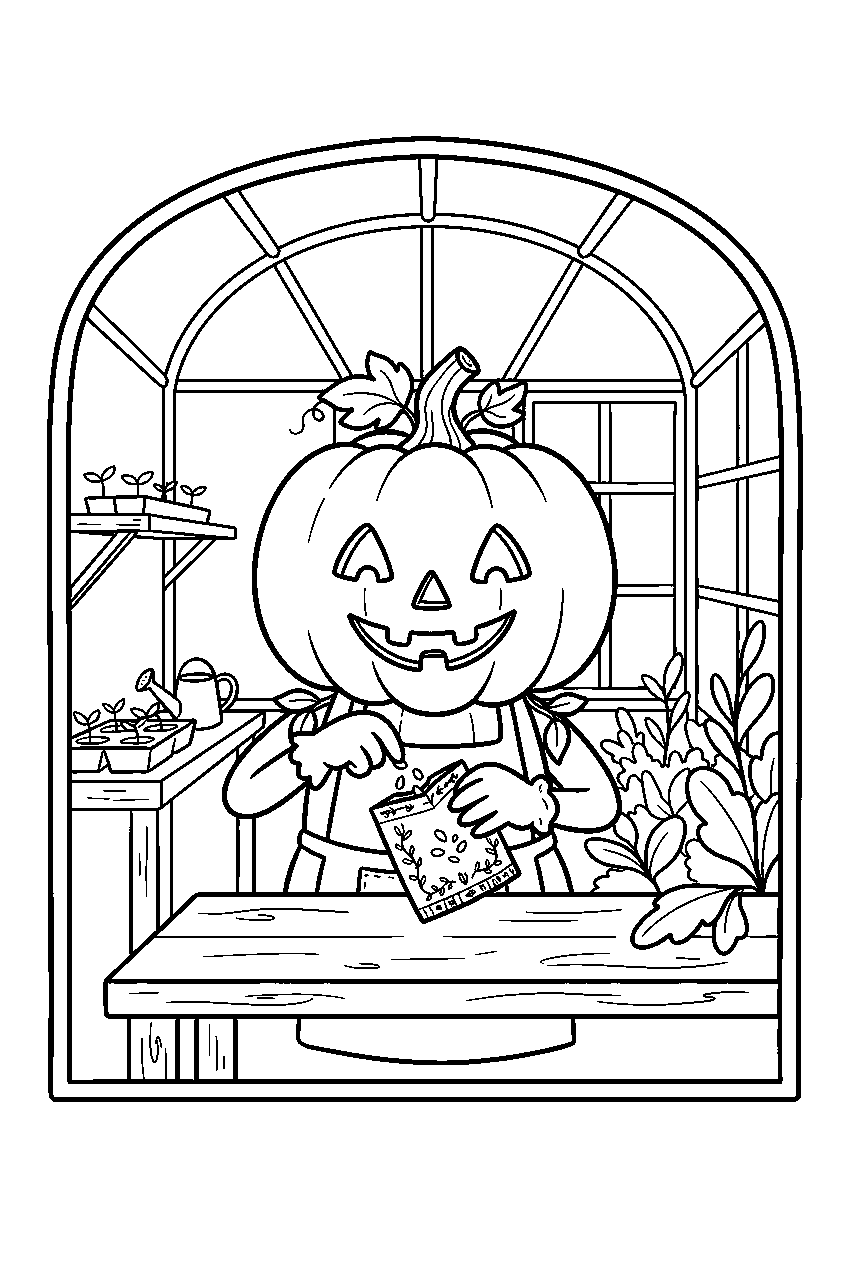 halloween pumpkin opening seed packet in glass greenhouse line art